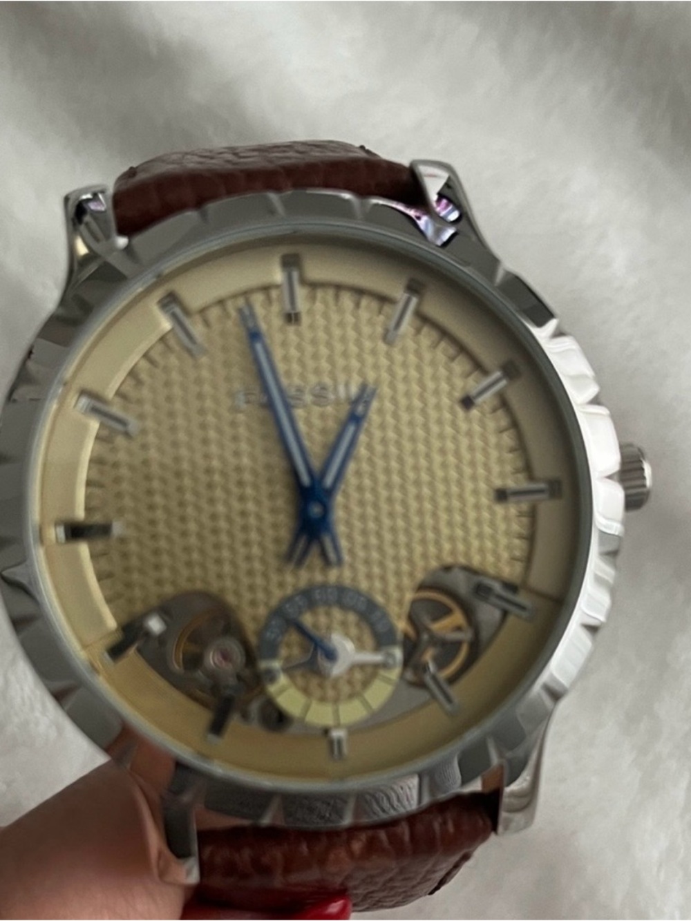 Fossil Men's Silver Case Watch with Beige Leather Strap may need battery